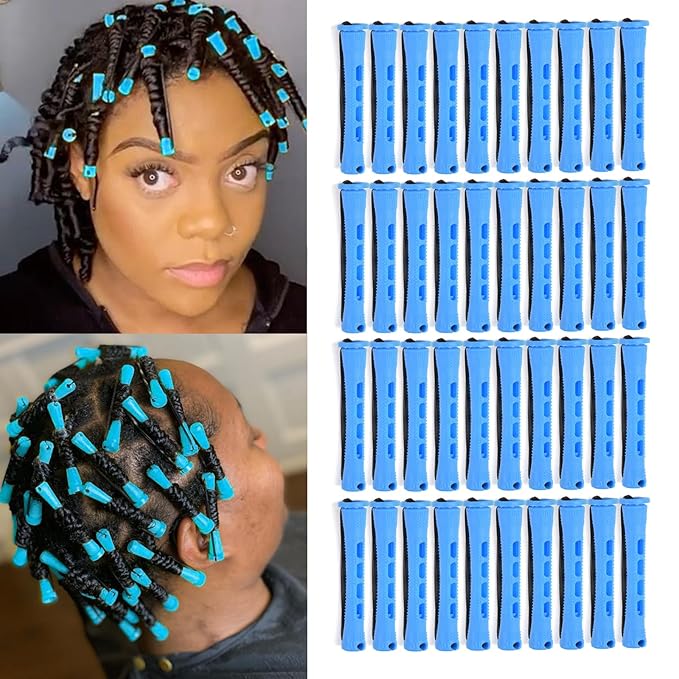 40pcs Perm Rods Set for Natural Hair Blue Plastic Cold Wave Rods Hair Curling Rollers with Steel Pintail Comb Rat Tail DIY Hairdressing Tools（40pcs Blue）