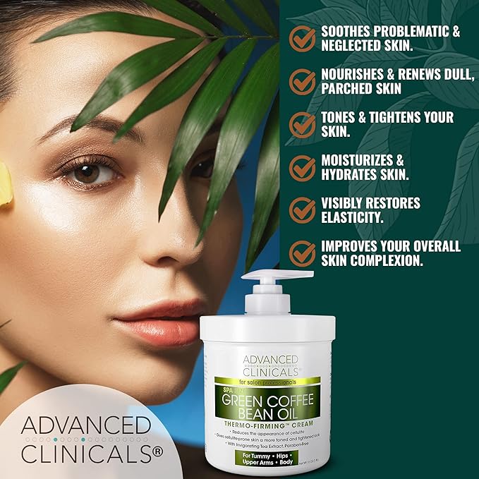 Advanced Clinicals Green Coffee Bean Thermo Firming Body Cream | Anti Cellulite Cream | Caffeine Body Lotion Moisturizer To Firm, Tighten, & Hydrate Look Of Legs, Arms, Tummy, Butt, & Thighs, 16 Oz
