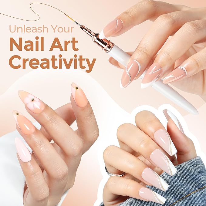 UNA GELLA Nail Art Brushes Metallic, Liner Pens Set For Nail Art Gel Polish, 5Pcs White Color, Detail Nail Art Design Painting Brush Set For Nails Gel Fine Drawing Nail Tools, Sizes 7/9/11/15/25mm