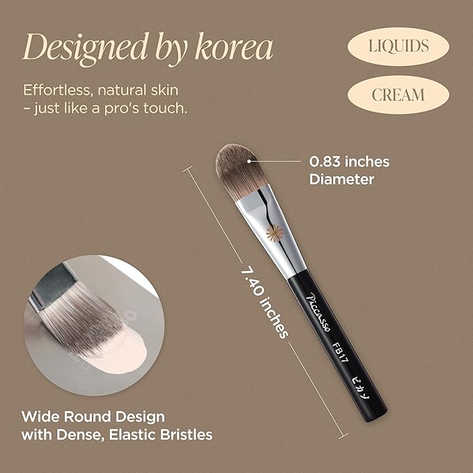 Piccasso FB17 Foundation Brush – Soft Makeup Brush for Liquid & Cream Foundation, Curved Bristles for Smooth and Flawless Face Makeup, Professional Tool for Base Layering, Korean Beauty Essential