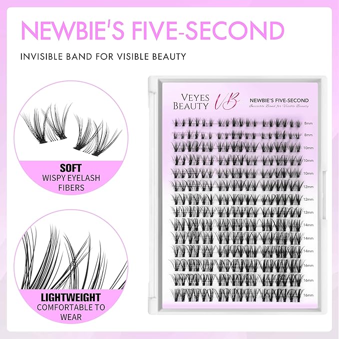 VEYESBEAUTY Lash Clusters Eyelash Extensions Thin & Invisible Band DIY Individual False Eyelashes Newbie's Five-Second Series Wispy Lash Tray for Self-application, Whisper Lashes 8-16mm Mixed Length