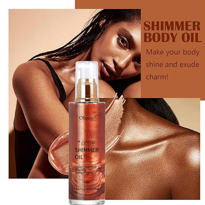 Shimmer Body Oil-Golden Brown Face Brighten Pearl Highlighter Liquid Illuminator Body Glow Oil,4 Color Bronze Makeup Glitter Body Shimmer Oil with Makeup Brush