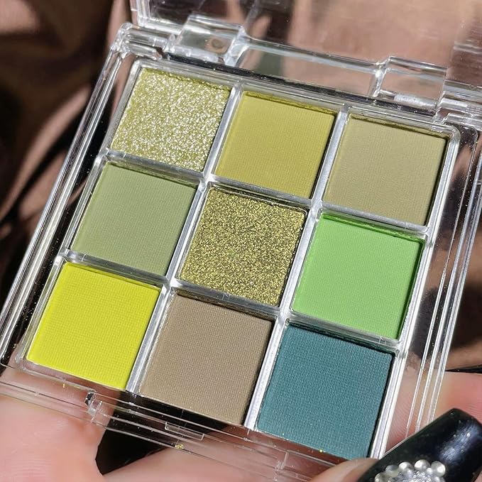 Erinde 9 Colors Eyeshadow Palette, Matte Shimmer Glitter Eye Shadow Palette Makeup, Highly Pigmented Long Lasting Waterproof, Natural Neutral Nude Eyeshadow Make Up Pallet, Yellow Green