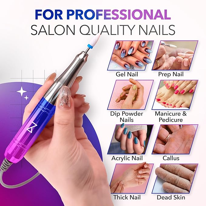 M Mase- Professional Nail Drill Machine - Coreless 2-in-1 Nail File - Electric, Cordless, 35000 RPM, HD Display - Electric Nail Drill for Professional & Home Use (Unicorn Pink Blue)