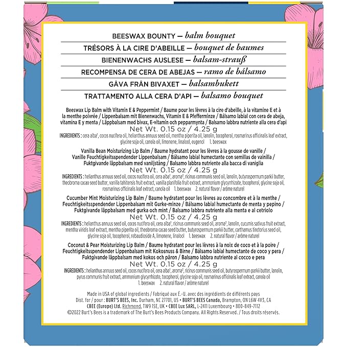 Burt's Bees Lip Balm Mothers Day Gifts for Mom - Balm Bouquet Set, Original Beeswax, Vanilla Bean, Cucumber Mint, Coconut & Pear Pack, Natural Origin Lip Treatment With Beeswax, 4 Tubes, 0.15 oz.