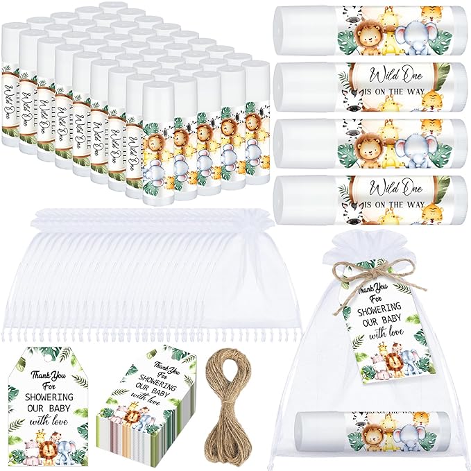Dunzy 50 Pack Baby Shower Party Gifts Favors Bulk Lip Balms for Guests Boys Girls Games Neutral Gender Reveal Favors Baby Shower Prizes Souvenirs Bags Stuffer(Jungle Animal)
