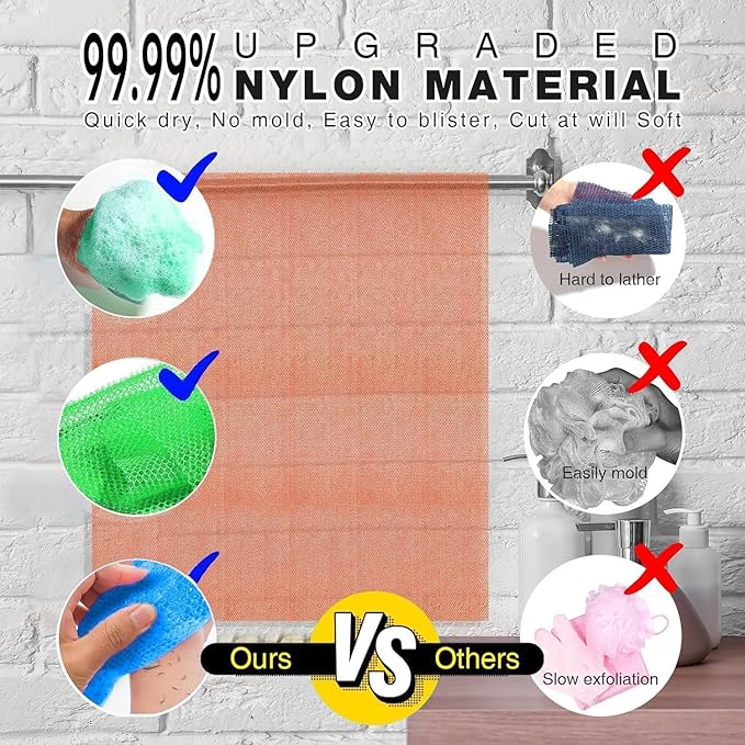 UJFQBH 3 Pieces African exfoliating net African Net Long Net Bath Sponge Exfoliating Shower Body Scrubber Back Scrubber Skin Smoother,Great for Daily Use (Yellow, Green, Blue)