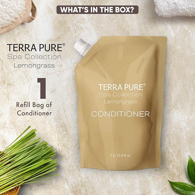 Terra Pure Spa Collection 1 Liter Conditioner Refill Bag For Soap Dispensers | Bulk Toiletries for Vacation Rentals, and Home Bathroom Showers | Green Tea Lemongrass | Single