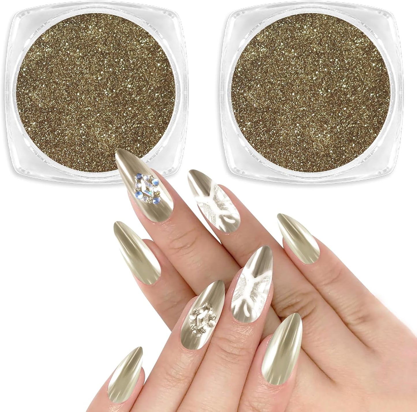 Allstarry Chrome Nail Powder 2pcs Metallic Mirror Effect Dust Glitter Glazed Manicure Decoration Reflective Pigment for Gel Polish Nail Art Decoration Resin Craft, Festivals - Champagne Gold