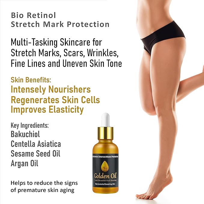 Stretch Mark & Scar Treatment & Protection– Bio Retinol Face & Body Oil for Treating Scars, Stretchmarks & Uneven Skin Tone. Contains Bakuchiol, Essential Vitamins & Nourishing Oils - 1.0 Fl Oz