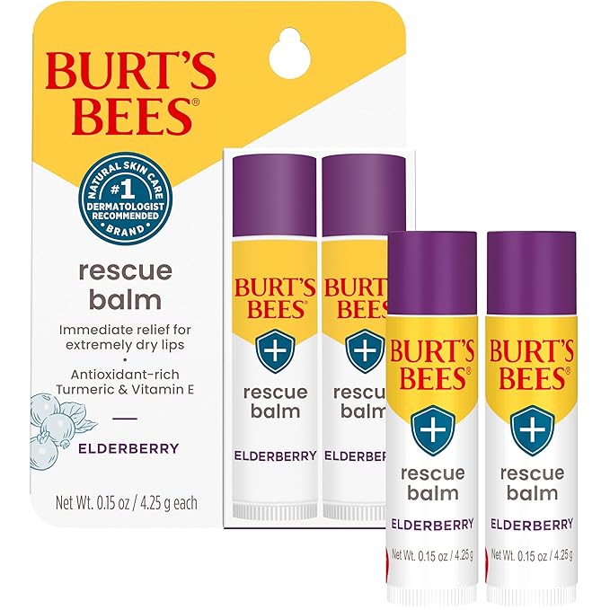 Burt's Bees Rescue Balm Elderberry Lip Balm, With Antioxidant-Rich Elderberry, Tint-Free, Natural Origin Lip Care, 2 Tubes, 0.15 oz.