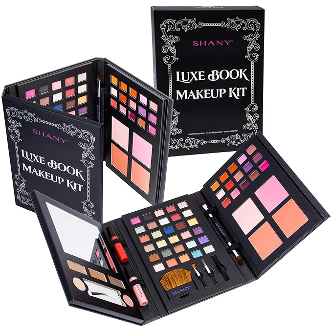 SHANY Luxe Book Makeup Set - All In One Travel Cosmetics Kit with 30 Eyeshadows, 15 Lip Colors, 5 Brushes, 4 Pressed Blushes, 3 Brow Colors, and Mirror