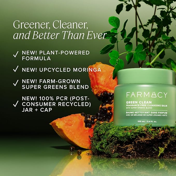 Farmacy Makeup Remover Cleansing Balm - Green Clean Waterproof Makeup Remover + Oil Based Cleanser - Newly Formulated Double Cleanser with Plant Based Waxes + Upcycled Moringa (200ml)