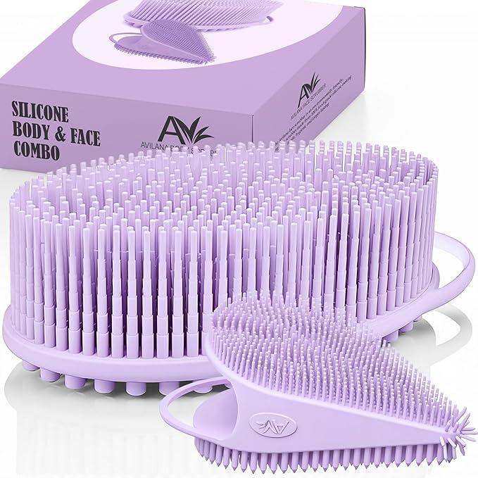 Avilana Silicone Body Scrubber – Gentle Shower Brush & Loofah Alternative- Food Grade & Lab Tested – Fast-Drying, Hygienic, BPA-Free Silicone Body Gentle Exfoliator (Lavender, Body & Face)