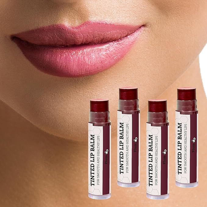 Tinted Lip Balm by Earth’s Daughter – 4 Pack of Plum Color – Beeswax, Coconut Oil, Cocoa Butter, Vitamin E – Moisturize and Beautify – Paraben Free