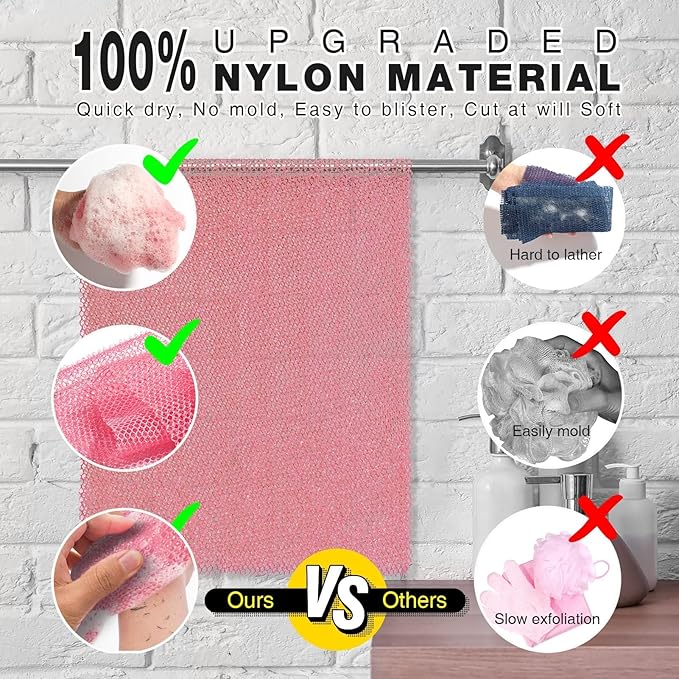 UJFQBH African Net Sponge African Net Long Net Bath Sponge Exfoliating Shower Body Scrubber Back Scrubber Skin Smoother,Great for Daily Use (Pink)