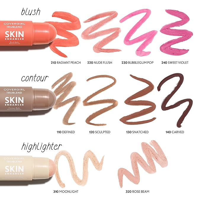 CoverGirl Trublend Skin Enhancer Blush Balm Stick, 210 Radiant Peach, Vegan Formula, Easy to Use, Glides on Effortlessly, Non-Greasy, Doesn't Crease, 0.21oz