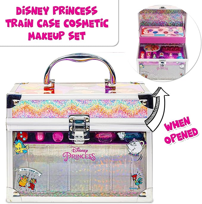 Disney Princess Train Case Girls Beauty Set, Kids Makeup Kit for Girls, Real Washable Toy Makeup Set, Play Makeup, Pretend Play, Party Favor, Birthday, Toys Ages 3 4 5 6 7 8 9 10 11 12