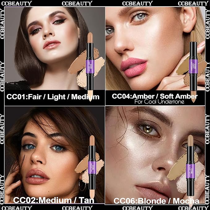 CCbeauty 2pcs 2-IN-1 Matte Contour Highlighter Stick with Blush,Cream Dual-End Highlight Bronzer Concealer & Blusher for Cheeks & Lip, Long Lasting Contouring for Face Shaping Makeup, Medium-Tan