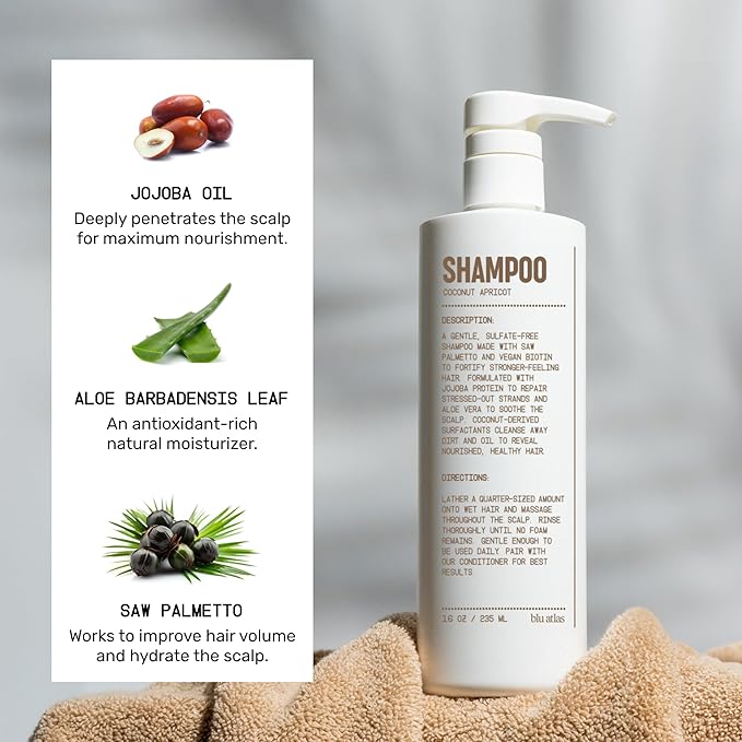 Blu Atlas Men's Natural Shampoo – Organic, Sulfate-Free, Paraben-Free – Deep Cleansing & Hydrating – Coconut Apricot Scent – Made in America – 16 oz