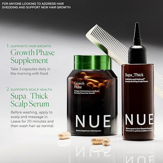 The Nue Co. GROWTH Phase Supplement, Supports Hair Growth, Reduces Breakage, Thicker & Fuller Hair, Contains Vitamins, Reishsi Mushrooms, Proteins & Adaptogens, Vegan, Gluten Free, 90 Capsules