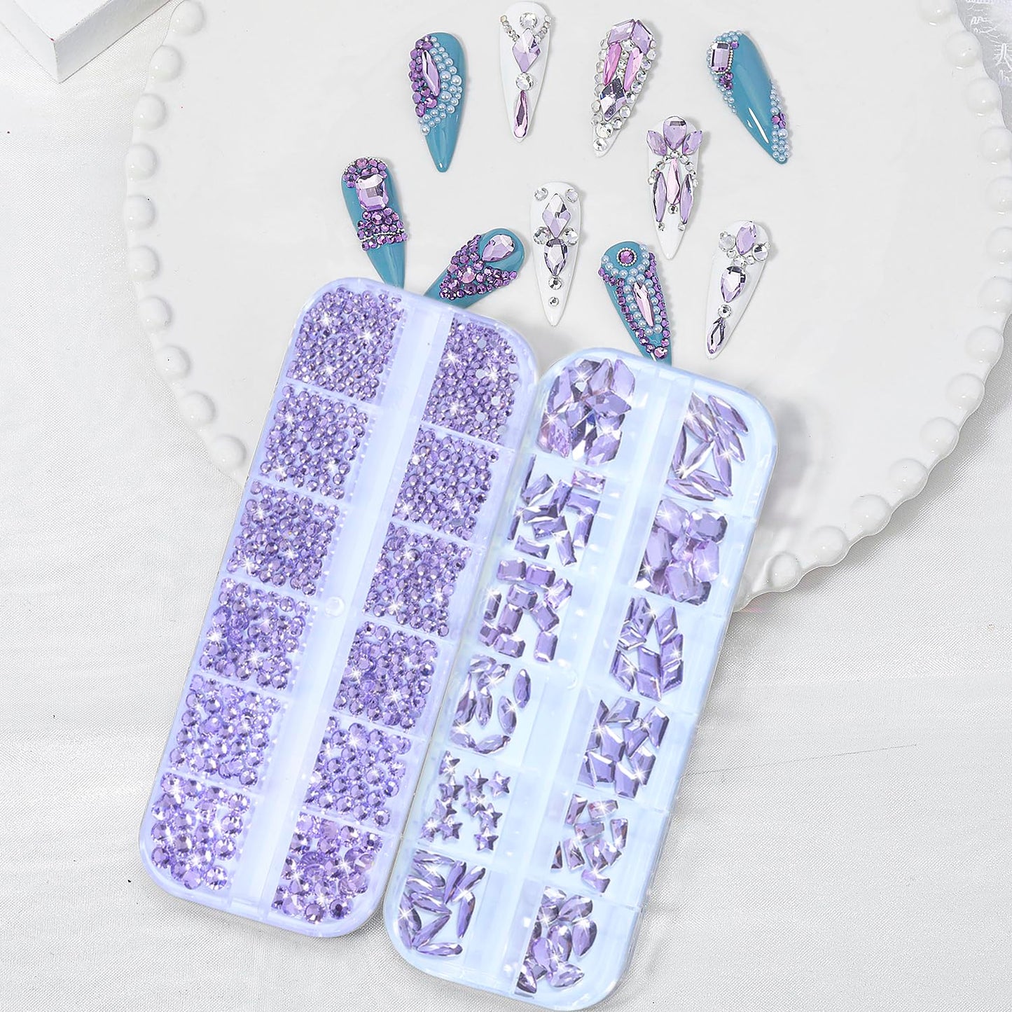 HNUIX Nail Rhinestones - 1600pcs 3D Multi Shape Size, Light Purple Nail Gems, Flat Back, with Kit, for Nail Art, DIY Decorations