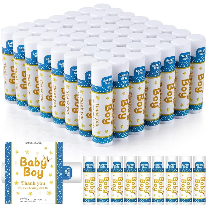 DMSKY 60 Pcs Baby Shower Favors, Lip Balms Bulk Gift for Guests, Boys Girls Games Neutral Gender Reveal Favors, Baby Shower Birthday Party Supplies Basket Gift Stuffers