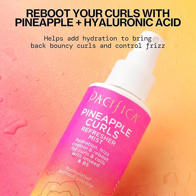 Pacifica Pineapple Curls Refresher Mist Frizz Control Spray & Curly Hair Enhancing -w/Hyaluronic Acid Vitamin B5 & Natural Plant Oils Revitalizes Curls - Vegan Cruelty Free Dermatologist Tested