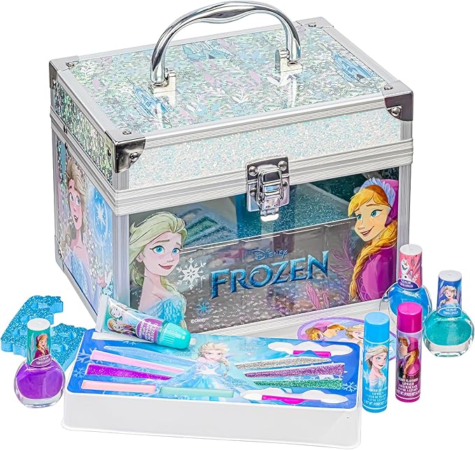 Disney Frozen Train Case Girls Beauty Set, Kids Makeup Kit for Girls, Real Washable Toy Makeup Set, Frozen Gift, Play Makeup, Pretend Play, Party Favor, Birthday, Toys Ages 3 4 5 6 7 8 9 10 11 12