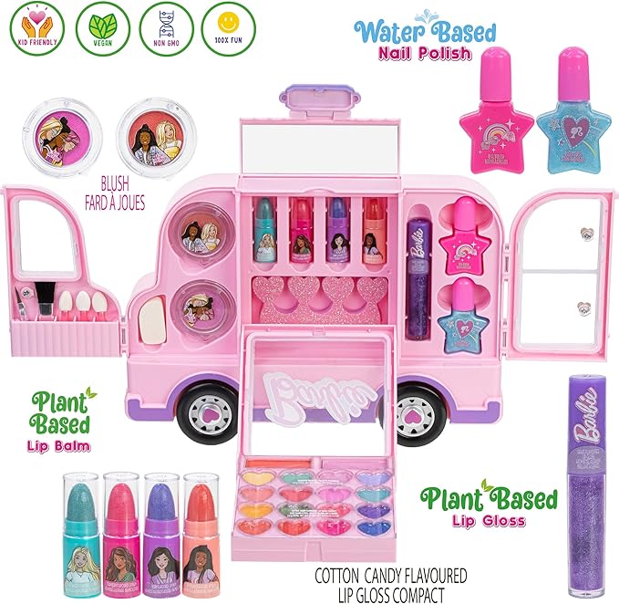 Barbie Car Makeup Kit for Girls, Real Washable Toy Makeup Set, Barbie Gift, Play Makeup and Pretend Play Toys Ages 6 7 8 9 10 11 12