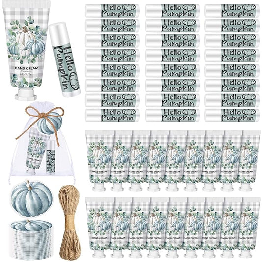 144 Pcs Fall Lip Balm Hand Cream Set Party Favors, Include 36 Blue Pumpkin Lip Balm 36 Moisturizing Hand Cream 36 Bags 36 Cards and Ropes for Autumn Accessories Gifts