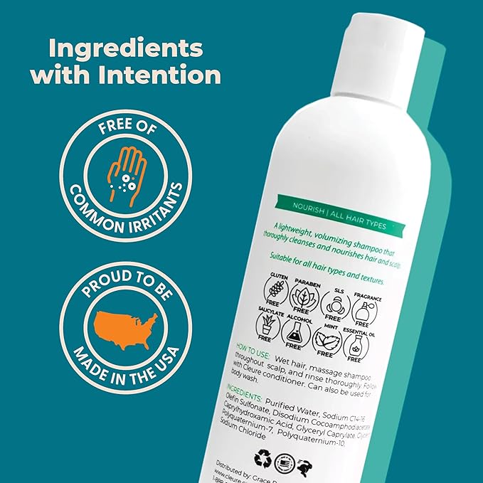 Cleure Hypoallergenic Volumizing Shampoo for Sensitive Skin - Fragrance Free, SLS Free & Paraben Free (12 oz, Pack of 1)
