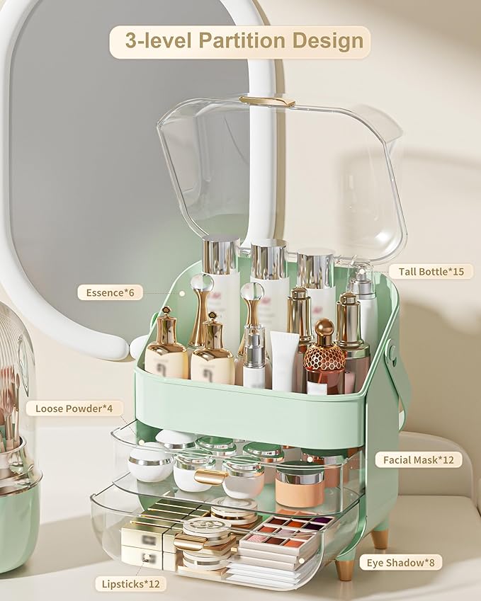 Makeup Organizer, Skincare Holder Bathroom Counter Organizer, Storage Box Cosmetic Display Cases, Teen Girl Gifts Trendy Stuff Make up Organizers for Vanity, Dresser, Countertop (Green)