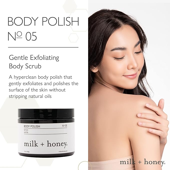 milk + honey Exfoliating Body Scrub No. 5 – Natural Sea Salt & Sugar Polish with Coconut, Lemon & Vanilla – Gentle Scrub for Sensitive Skin, Women & Men – 7 oz