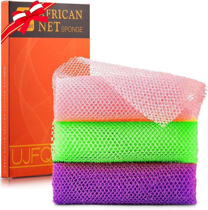 UJFQBH 3 Pieces African Bath Sponge African Net Long Net Bath Sponge Exfoliating Shower Body Scrubber Back Scrubber Skin Smoother,Great for Daily Use (Purple， Pink，Green)