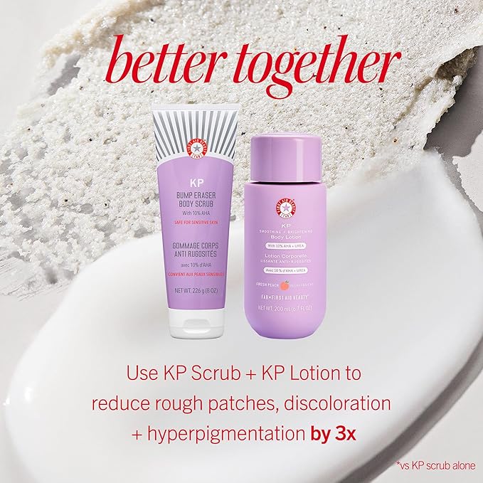 First Aid Beauty KP Bump Eraser Body Scrub Exfoliant for Keratosis Pilaris with 10% AHA – 8 oz + Bonus 1 oz Travel Size Tube