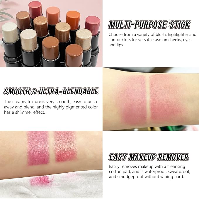 2 Pcs Cream Blush Stick Makeup Kit, Natural Shimmer & Matte Stick Blush Wand for Cheeks, Lightweight Blendable Silky Cream Blush Makeup -Shimmer Blush (#01 Shimmer Pink #04 Shimmer Fuchsia)