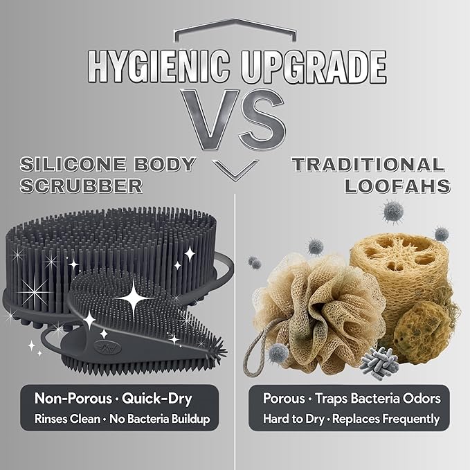 Avilana Silicone Body Scrubber – Gentle Shower Brush & Loofah Alternative- Food Grade & Lab Tested – Fast-Drying, Hygienic, BPA-Free Silicone Body Gentle Exfoliator (Dark Gray, Body & Face)