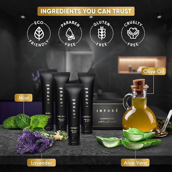 Infuse Black Amenity Kit | Boxed Hotel Toiletries | Bulk Set 1 oz Travel Size Shampoo, Conditioner, Lotion, Body Wash & Cleansing Bar for Guest Hospitality AirBnB/Vacation Rentals | 300 Pieces