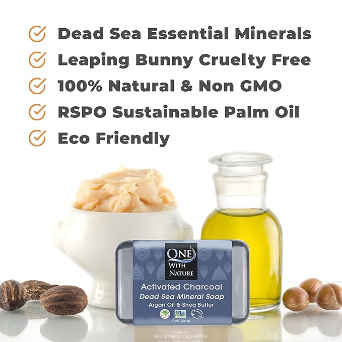 One With Nature Activated Charcoal Soap 7oz 3-Pack – Detoxifying and Exfoliating Charcoal Soap Bar with Dead Sea Salt for Face & Body, for Men & Women
