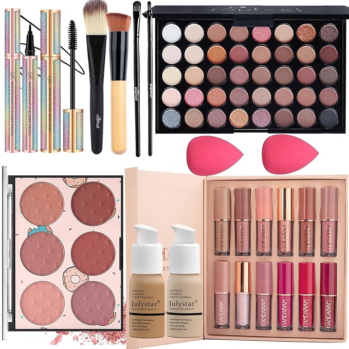 Makeup Kit for Women Full Kit, All in One Makeup Gift Set, Make up Kits for Beginners and Professionals - Eyeshadow Palette, Liquid Lipstick, Mascara, Blush, Eyeliner, Foundation, Brush