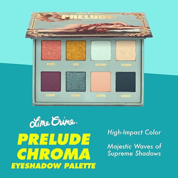 Lime Crime Eye & Face Palette, Prelude, Chroma - 8 Highly Pigmented Matte & Metallic Shades of Golds, Deep Purple & Teal - Highly Pigmented Color & Easy to Blend - Mirrored Box - Vegan