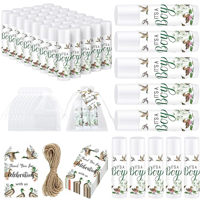 Demissle 50 Pcs Baby Shower Lip Balm Gift Set with 100 Pcs Organza Bags Baby Shower Party Favor for Guest Thank You Tag Rope Baby Shower Party Decoration Gender Reveal Souvenirs (Mallard)