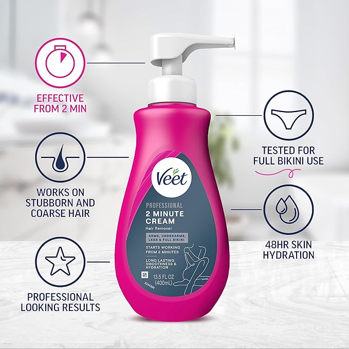 VEET Professional 2 Minute Hair Removal Cream For All Skin Types with Shea Butter | Effective Full Bikini Hair Removal, Pubic Hair Removal Gel | Dermatologically Tested | 13.5 FL OZ Bottle w/Spatula