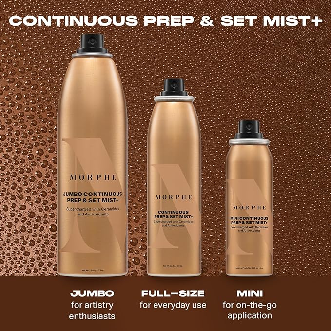 Morphe Mini Continuous Prep & Set Setting Spray - Travel Size Setting Spray for Makeup - Micro-Fine Face Mist Enriched with Ceramides to Help Hydrate, Nourish & Strengthen Skin Barrier (1.3 oz)