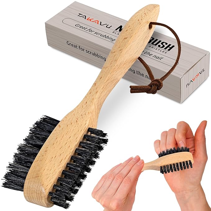 Takavu Nail Brush Black Boar Bristles, Natural Wood Handle, Nail Cleaning Brush for Scrubbing Fingernail Toenail Hand Feet, Dual Sided for Regular Manicure Nail Care Hygiene