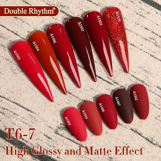 Double Rhythm 6 Pcs 15 ML Gel Polish Set Same Color Same Bottle Soak Off Gel Polish Kit Nail Art Manicure Salon DIY at Home for Women (Glitter Burgundy Dark Cherry Red Maroon-T6-7)