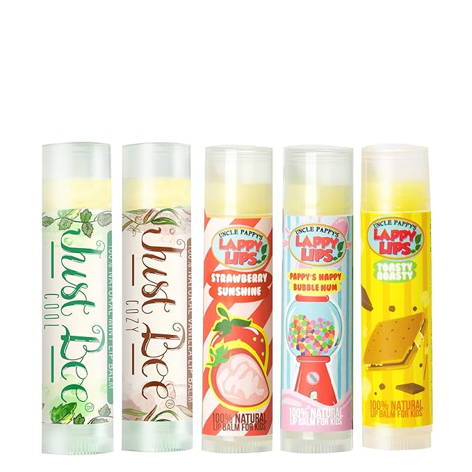 Lappy Lips and Just Bee Organic 100% Natural Lip Balm for Adults and Kids (Family Pack) Organic Essential Oil - for Dry Chapped Lips to Restore and Heal