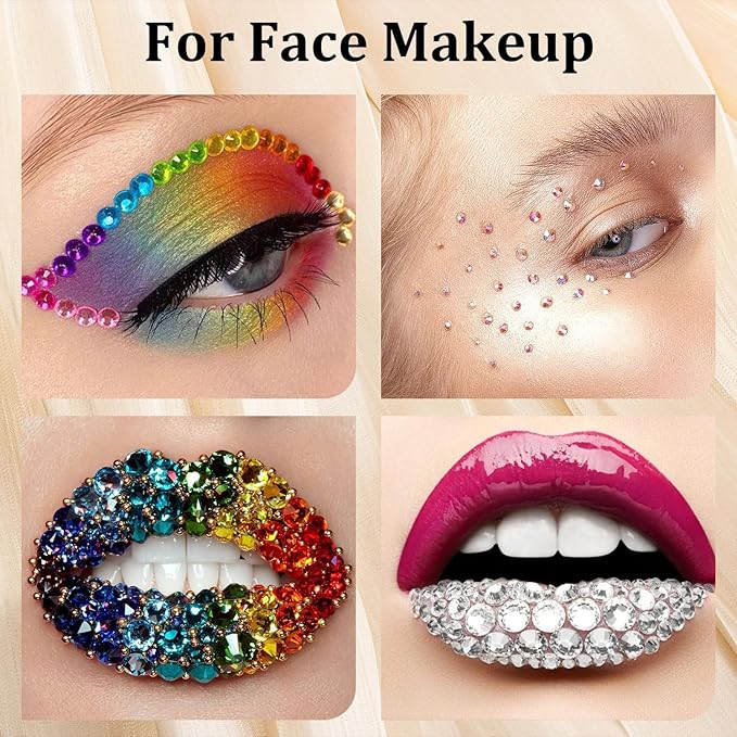 Colorful Face Gems for Makeup Set, Flatback Gorgeous Glass Clear Gems+Mixed-Colored Crystals with Picker Pencil, Makeup Glue, Dual-End Dotting Tool, Tweezer for Eye Body Hair Make-up and Nail Art Deco