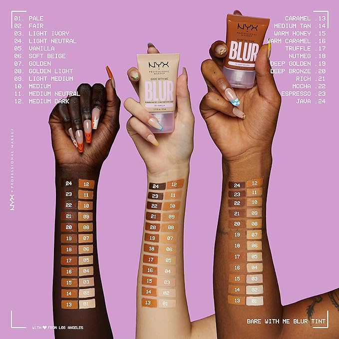 NYX PROFESSIONAL MAKEUP Bare With Me Blur Skin Tint Foundation Make Up with Matcha, Glycerin & Niacinamide - Warm Honey